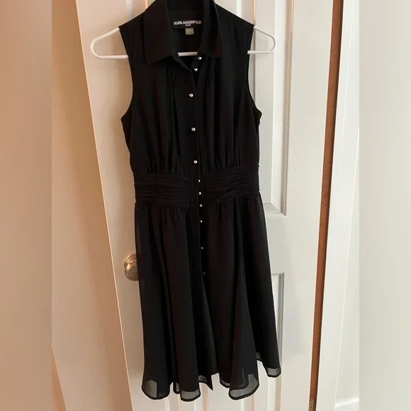 green emerald velvet dress KARL LAGERFELD Paris Women's Sleeveless Gold Buttoned Split Neck Mini  Sheath Dress, Black, 2 at Amazon Women's Clothing store